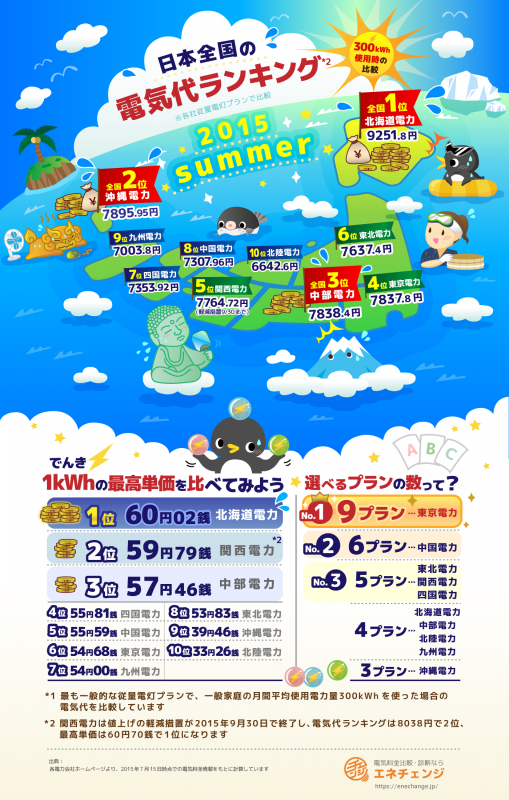 2015夏の電気代ランキング